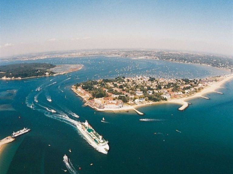 An Aerial shot of Poole Harbour and holiday cottages in Poole