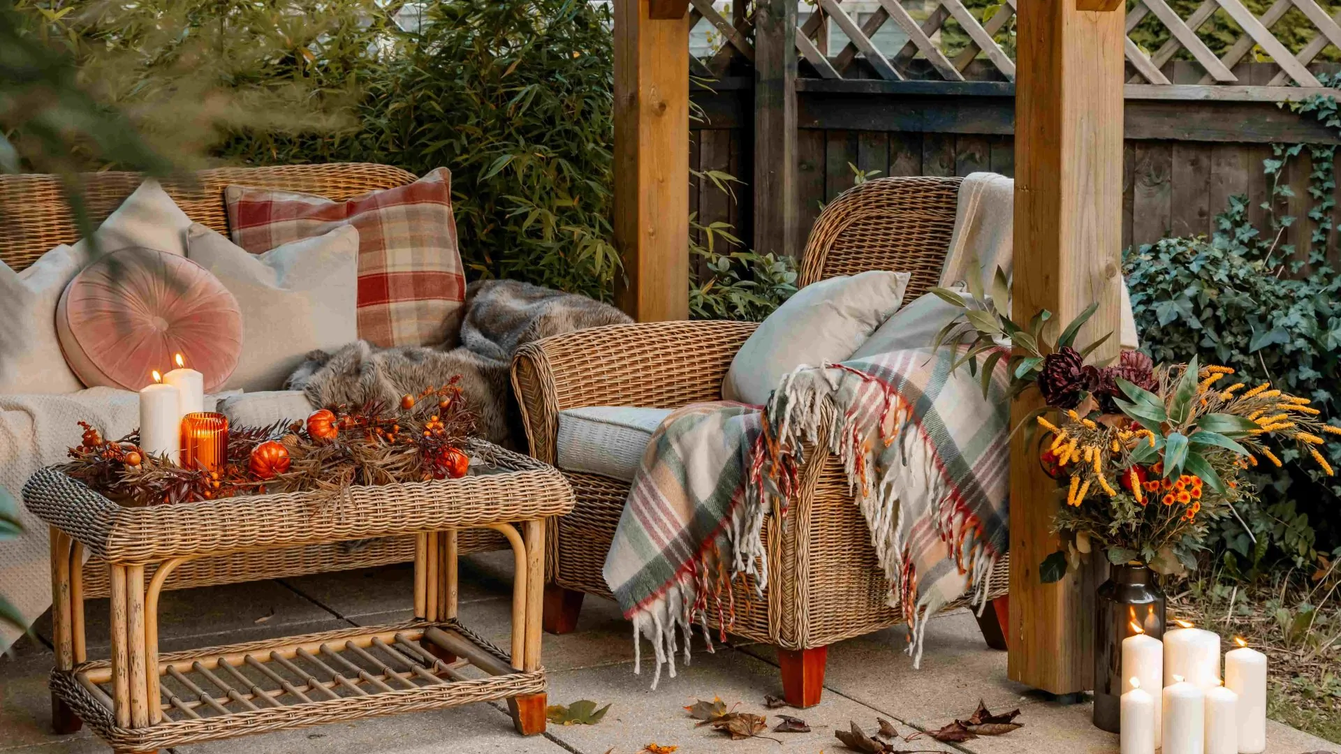 A cosy, autumn outdoor seating area at a Dorset Holiday Cottage in Sandford.