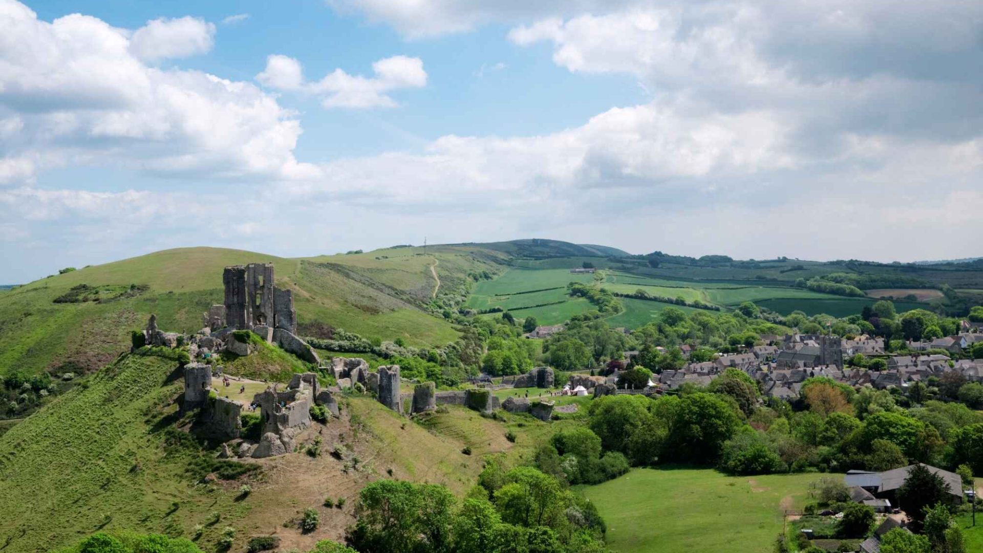 The ruins of Corfe Castle, a national trust site in Dorset