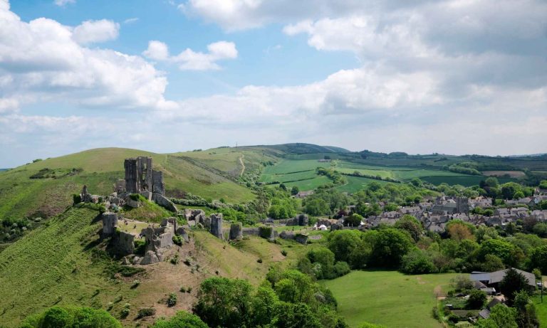 The ruins of Corfe Castle, a national trust site in Dorset