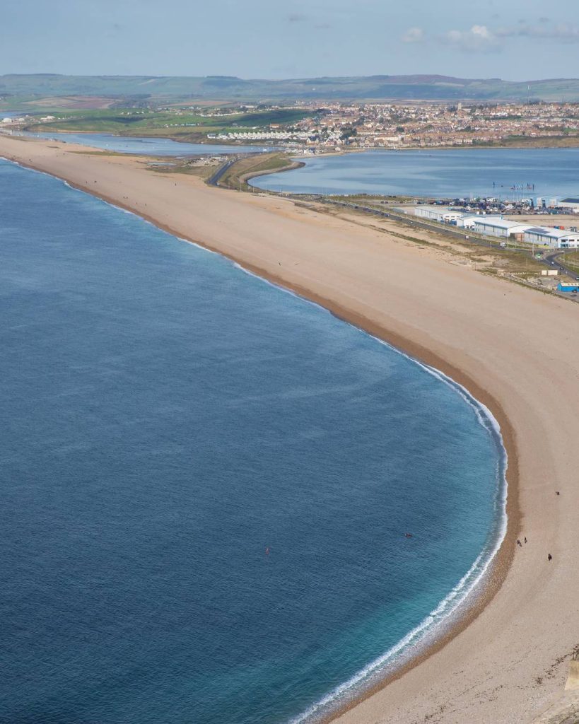 Aerial view of Chesil Beach in Weymouth