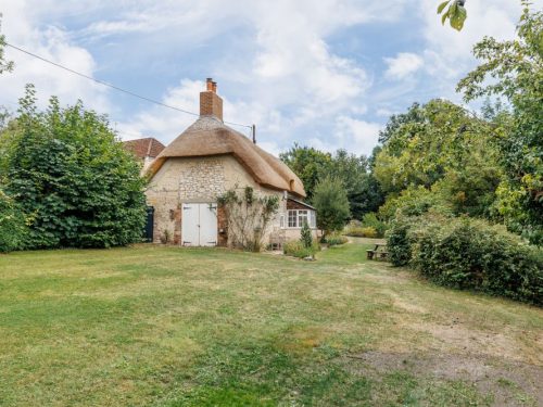 large garden with cosy dorset thatched cottage in distance